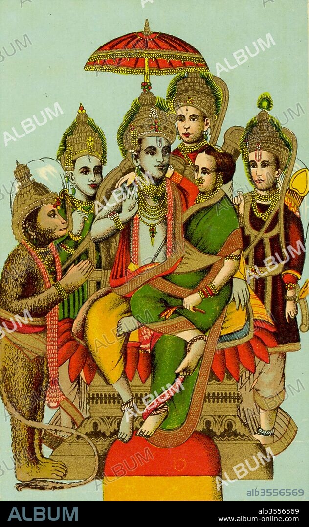 Lord Rama sitting with his consort Sita on his lap ; Lakshman ; Bharat and Shatrughan behind and Monkey God Hanuman with folded hands in the front on left ; India.