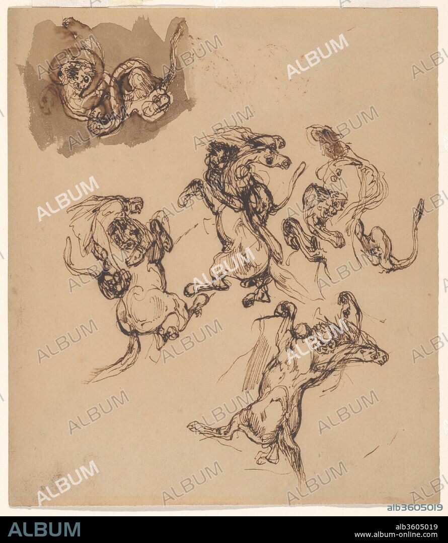 EUGENE DELACROIX. Studies of a Rearing Horse Attacked by a Lion; A Lion Wrestling with a Serpent. Artist: Eugène Delacroix (French, Charenton-Saint-Maurice 1798-1863 Paris). Dimensions: sheet: 6 1/4 x 5 3/8 in. (13.6 x 15.9 cm). Date: 1820-63.