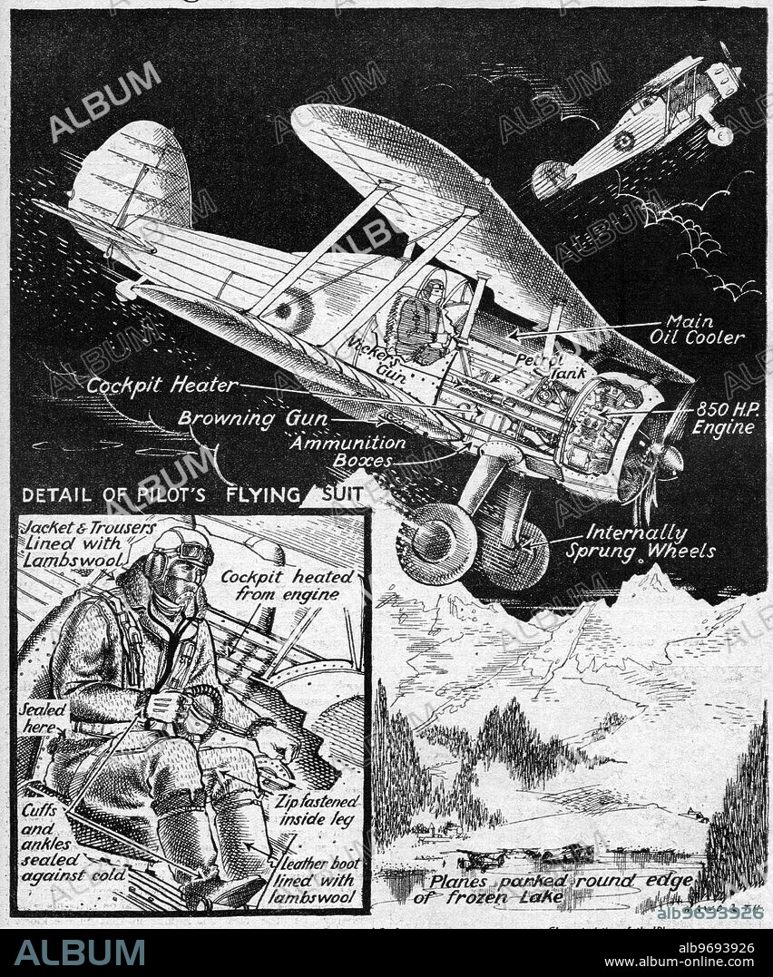 As the Secretary of State for Air announced in the House of Commons in the famous debate of May 8, 1940, a squadron of Gloster Gladiator fighters was dispatched to Norway in an attempt to check the German air power. These machines are not so fast as the Hurricanes or Spitfires, but are extremely manouverable. In fact the Gladiator, besides being the finest biplane ever produced is probably one of the most useful all round machines. Of all our machines it is the best suited to withstand the cold and rough usage on an expidition of its kind. Undated. Volume 2, Page555.