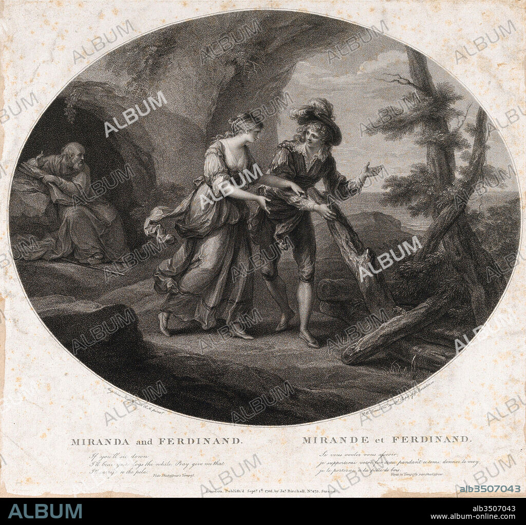 Drawings and Prints, Print, Ferdinand and Miranda (Shakespeare, The Tempest, Act 3, Scene 1), Artist, Engraver, Publisher, Subject, After, Angelica Kauffmann, Peltro William Tomkins, James Birchall, William Shakespeare, Swiss, Chur 1741–1807 Rome, British, London 1759–1840 London, British, active 1781–94, British, Stratford-upon-Avon 1564–1616 Stratford-upon-Avon, Kauffmann, Angelica, Tomkins.