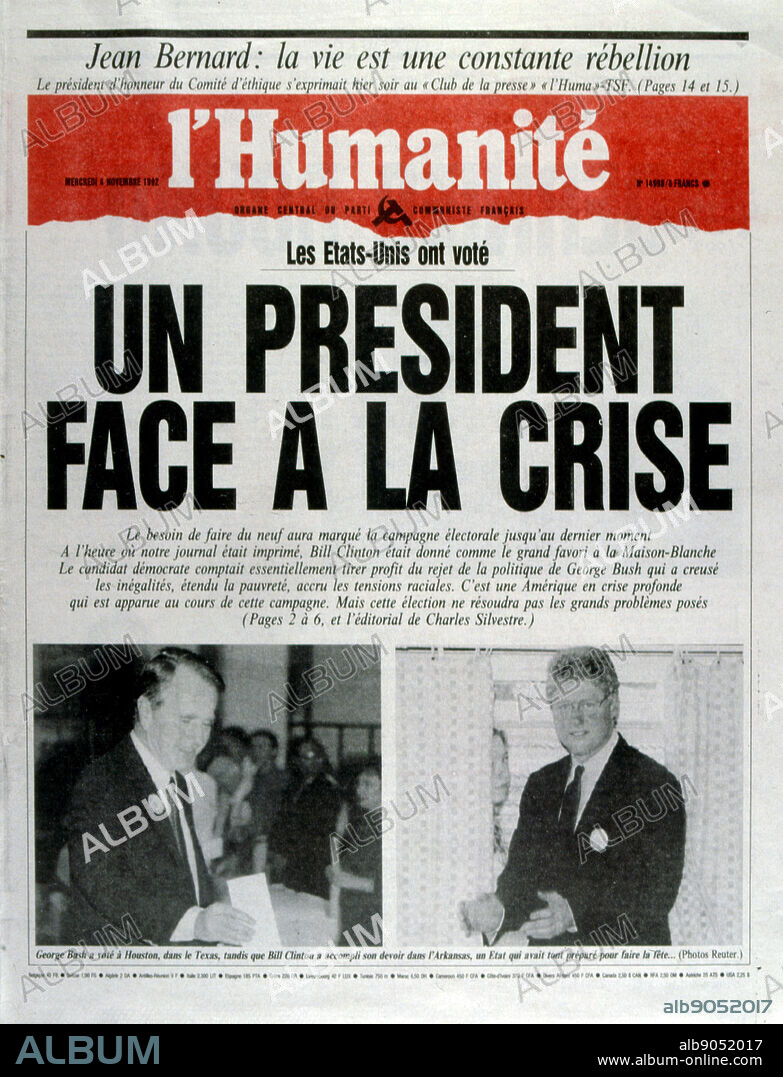 Headline in the French newspaper 'L'Humanite' concerning the United States Presidential Election November 1992. Incumbent President George Bush lost against Governor Bill Clinton.