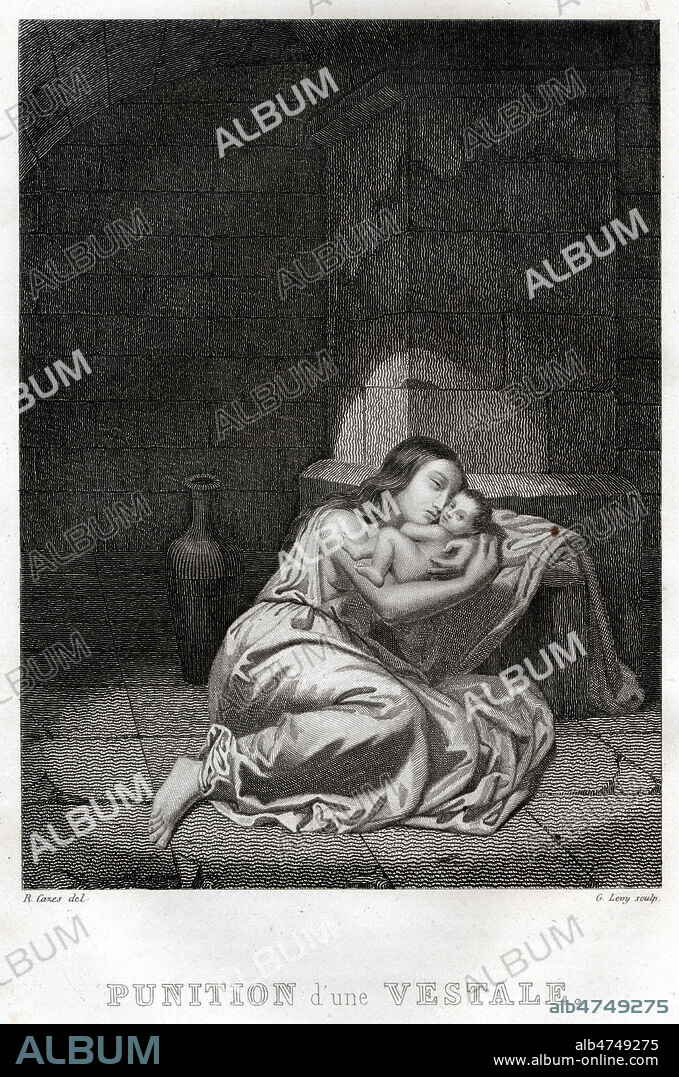 Punition d'une vestale ayant viole le voeu de chastete. Elle est abandonnee a sa faim dans une cave. Illustration de 1845 par R. CAZES pour Histoire des differentes religions par SULAU de LIREY. Credit : Coll. Jonas/KHARBINE-TAPABOR.