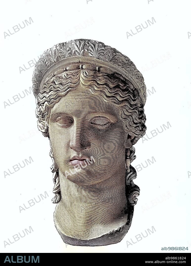 Marble head of Hera, is in Greek mythology the wife and at the same time the sister of Zeus and thus the daughter of Kronos and Rhea, she belongs to the twelve Olympian deities, the Olympioi, digital improved reproduction of an original print from the 19th century.