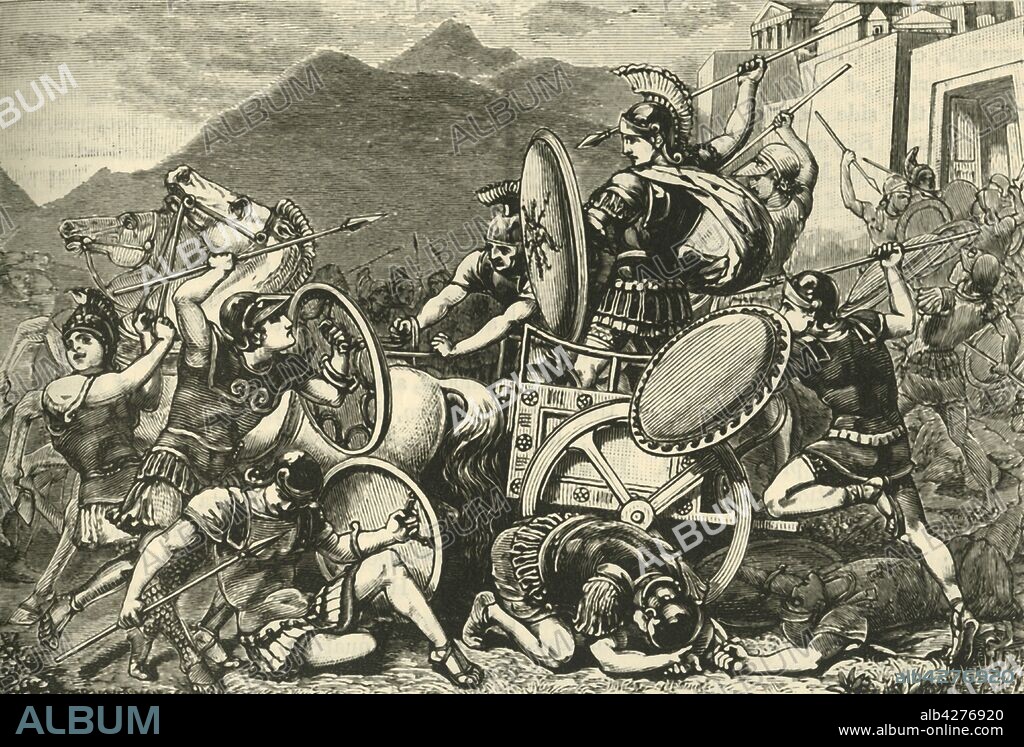 'Aristomenes Fighting His Way Out of Eira', 1890. Aristomenes, king of Messenia, celebrated for his struggle with the Spartans c685BC and resistance to them on Mount Eira for eleven years. From "Cassell's Illustrated Universal History, Vol. I - Early and Greek History", by Edmund Ollier. [Cassell and Company, Limited, London, Paris and Melbourne, 1890].