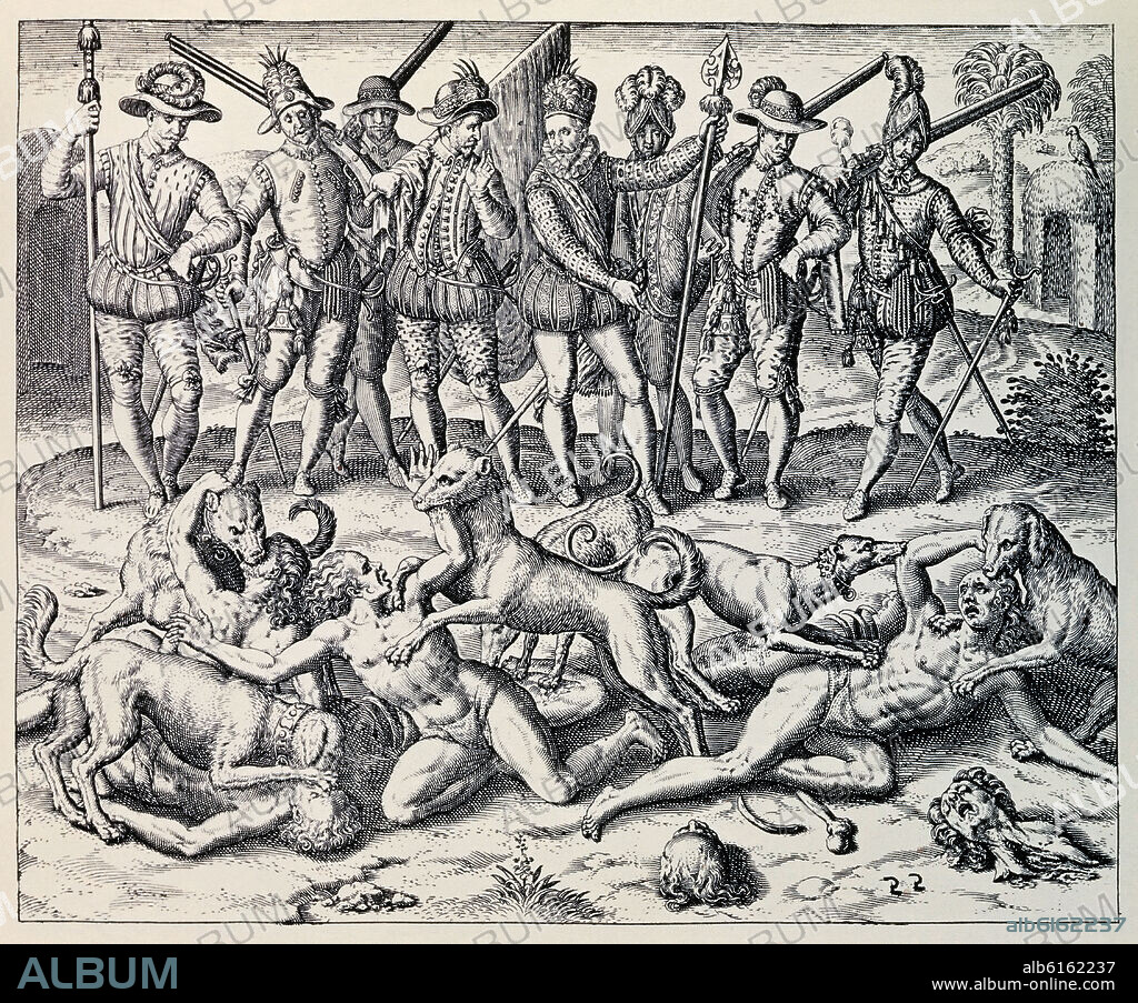 THEODORE BRY (1528-1598). GRANDES VIAJES-1590. AMERICA-PARTE 6-INDIOS ECHADOS A LOS PERROS-S XVI GRABADO FLAMENCO.