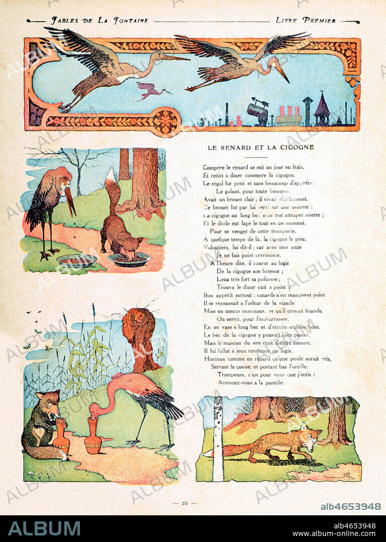 Le renard et la cigogne. Fable de Jean de LA FONTAINE (1621-1695) illustree en 1906 par Benjamin RABIER (1864-1939). Credit : Coll. Jonas/KHARBINE-TAPABOR.