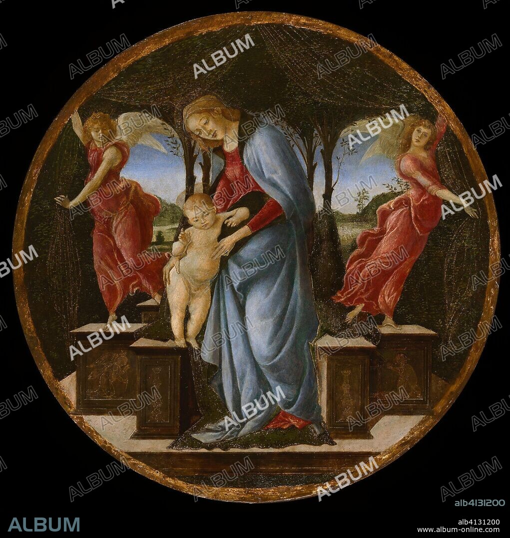 Virgin and Child with Two Angels. Sandro Botticelli (Alessandro Filipepi); Italian, 1444/45-1510. Date: 1465-1495. Dimensions: Diameter: 34.4 cm (13 1/2 in.)
Painted surface: Diameter: 32.5 cm (12 13/16 in.). Tempera on panel. Origin: Italy.