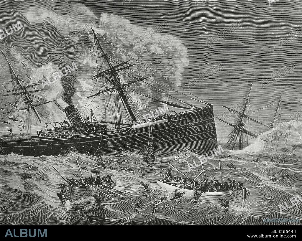 Naufragio de los vapores León (español) y el Harelda (inglés) en aguas del mar Cantábrico, a las dos de la madrugada del 7 de enero de 1881, tras la colisión entre los dos barcos. Tragedia marítima con un total de 23 desaparecidos. Dibujo de Monleón, Grabado por Tomás Carlos Capuz (1834-1899). La Ilustración Española y Americana,22 de enero de 1881.