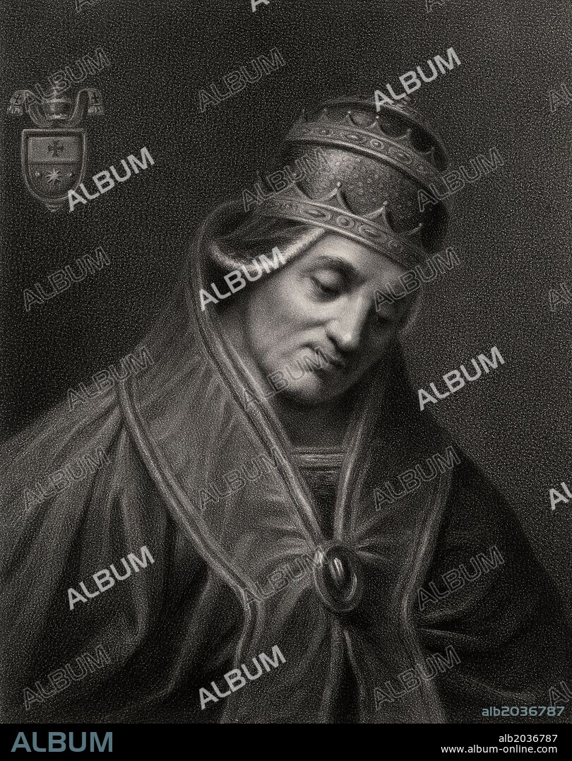 Historia de los concilios ecuménicos de Roma. El papa Inocencio II (?-1143). Papa entre 1130 y 1143. Editado en París, grabado de 1869.
