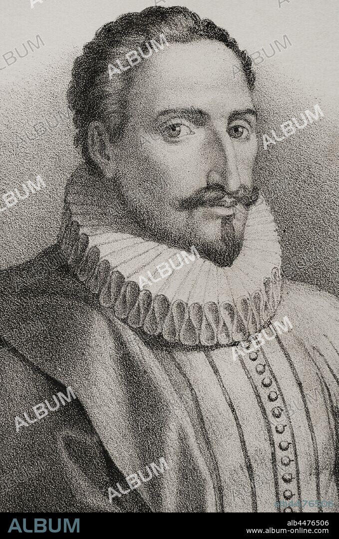 Miguel de Cervantes (1547-1616). Spanish writer. Author of Don Quixote. Portrait, detail. Illustration by Jose Cebrian. Lithography. Cronica General de Espa–a. Historia Ilustrada y Descriptiva de sus Provincias. Asturias and Leon, 1867.