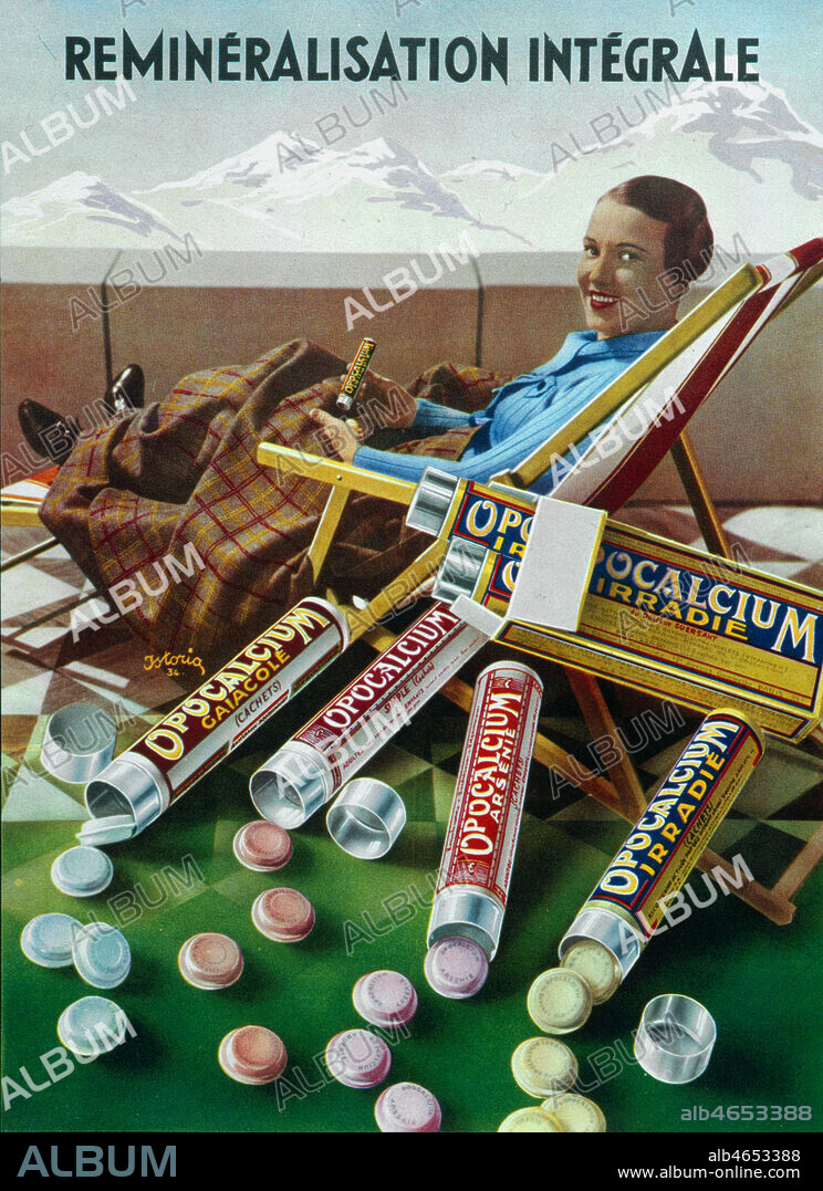Remineralisation integrale. Opocalcium et arsenic irradie. Illustration de ISTORIA (20 s.) pour une publicite de 1934. Credit : Collection KHARBINE-TAPABOR.