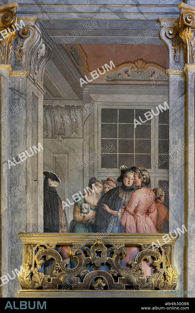 Brescia, Teatro Grande: the Entrance Hall or Foyer. The room is perhaps one of the most admirable examples of 18th-century architectural splendor applied to a theatre. The ornamental decoration was entrusted to the Venetian painters Francesco Battaglioli and Francesco Zugno. Detail of the decoration.