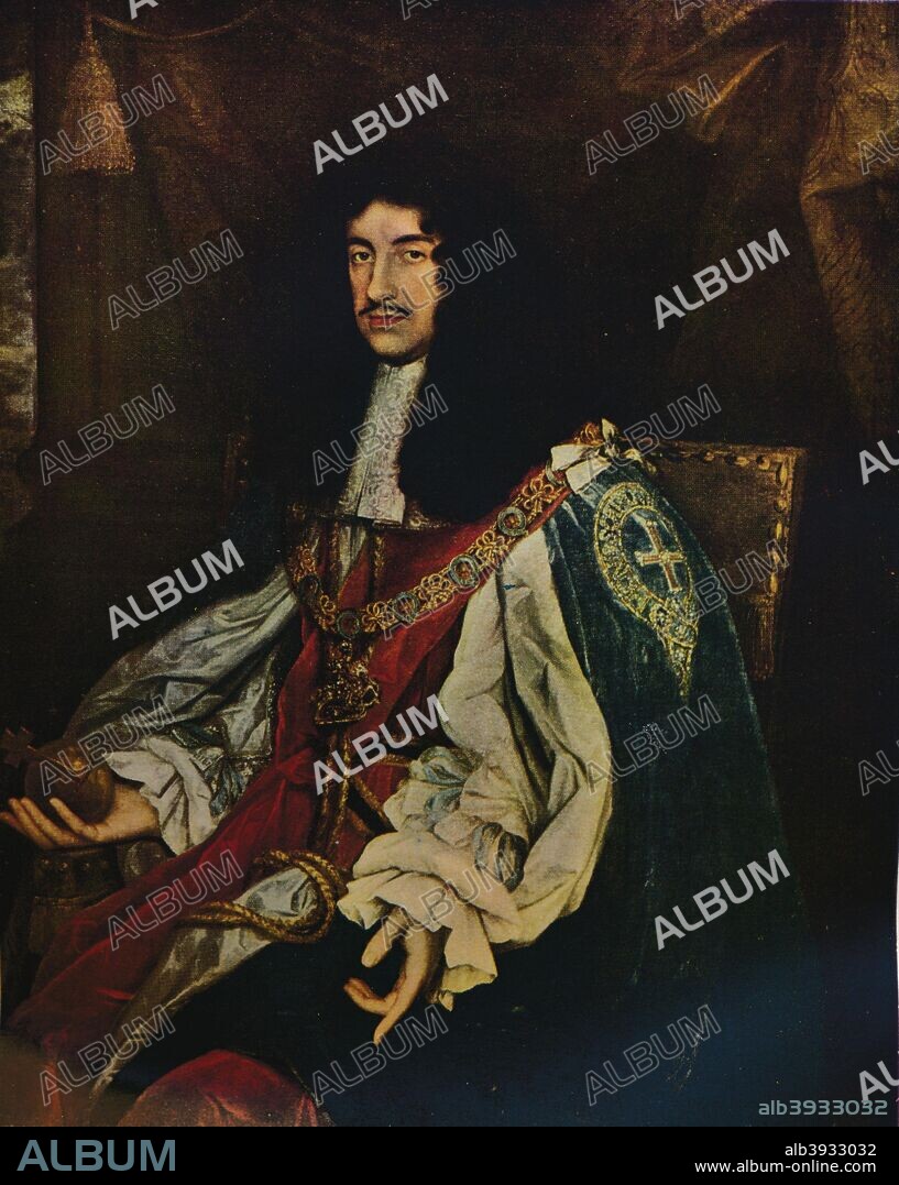 'King Charles II', 1660s (1934). After the execution of his father, Charles I, in 1649 during the English Civil War, Charles II (1630-1685) went into exile. After the death of Oliver Cromwell and the fall of the Protectorate in 1659 a restoration of the monarchy was negotiated and Charles made a triumphal entry into London on 29 May 1660, his birthday. 'From The Studio Volume 107. [The Offices of the Studio Ltd., London, 1934].