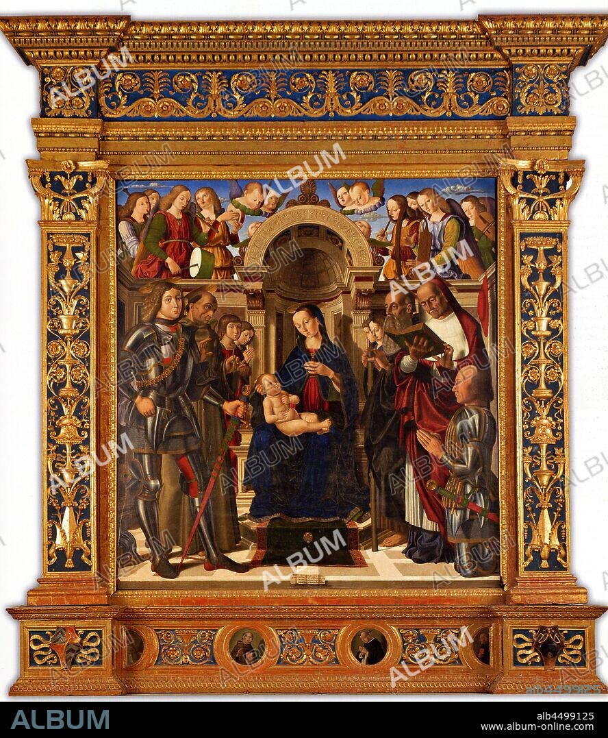 GIOVANNI SANTI. Pala Oliva. Madonna and Child enthroned between Saints George, Francis of Assisi, Anthony the Abbot, Jerome.
