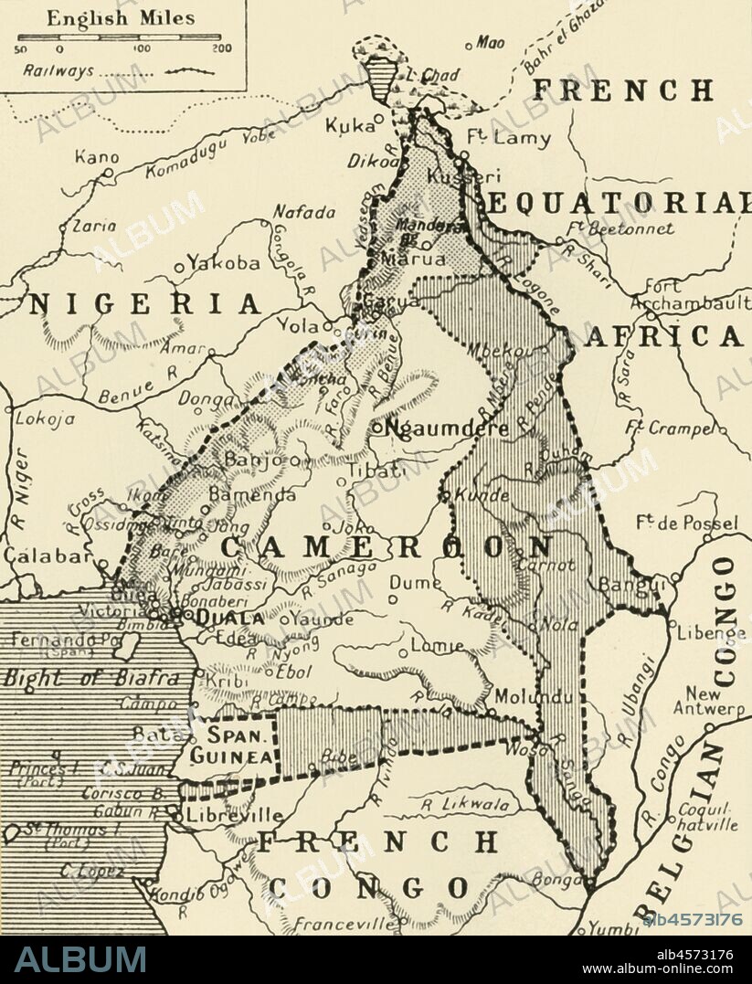'Map Showing the German Cameroon Colony', 1916. German Cameroon was an African colony of the German Empire from 1884 to 1916. Following Germany's defeat, the Treaty of Versailles divided the territory between Great Britain and France. From "The War Illustrated Album De Luxe - Volume IV. The Summer Campaign - 1915", edited by J. A. Hammerton. [The Amalgamated Press, Limited, London, 1916].