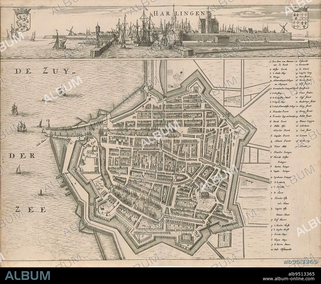 Map of Harlingen with city view, Harlingen (title on object), At top, a city view of Harlingen with the coat of arms of Friesland on the left and that of Harlingen on the right. Below that a map of the town in bird's eye view. To the right a legend., print maker: Jacob van Meurs, (possibly), Amsterdam, 1664, paper, engraving, etching, height 299 mm, width 369 mm.