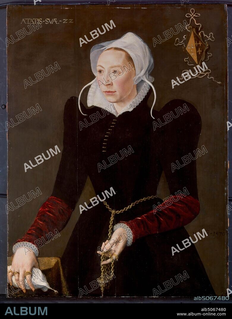 painting, Isaac Claesz. van Swanenburg, 1570, panel, oil, painted, General (old dimensions): 94.5 × 72cm (945 × 720mm), With frame: 117.5 × 93.5 × 10cm (1175 × 935 × - 100mm), woman's portrait, family crest, Painting depicting a cat with striped fur. Against a blue background. The animal's head is directed to the left and has a small animal in its mouth: kitten or prey. The background is blue. Not signed. The painting is in a wooden frame.