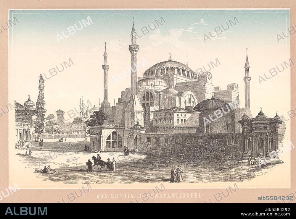 Konstantinopel, Hagia Sophia. (360 vollendet; Neubau unter Kaiser Justinian 532-537 von Anthemios von Tralles und Isidor von Milet; ab 1453 Moschee). Außenansicht. Holzstich mit Tonplatte, um 1860.