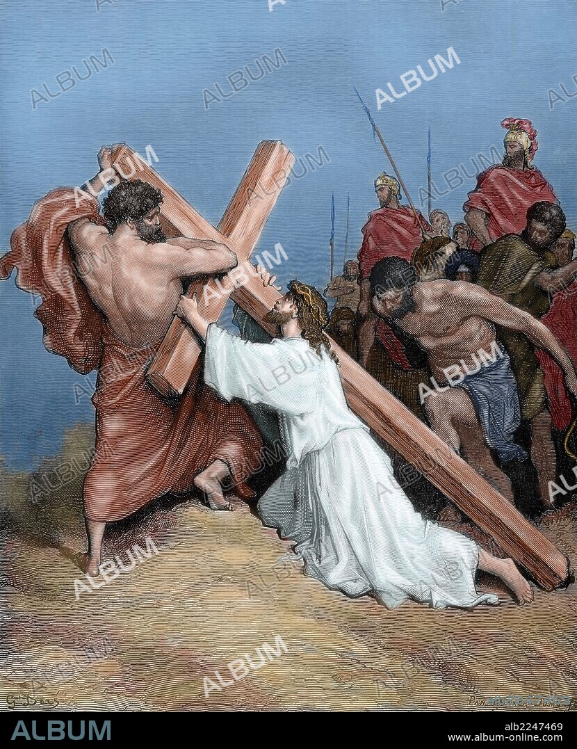 PAUL GUSTAVE DORÉ. NUEVO TESTAMENTO. JESUS. "CAIDA DE JESUS BAJO EL PESO DE LA CRUZ". Evangelio de San Lucas, Capítulo XXIII. Versículos 26 al 30. Dibujo de G. Doré. Grabado de Pannemaker. Coloreado.