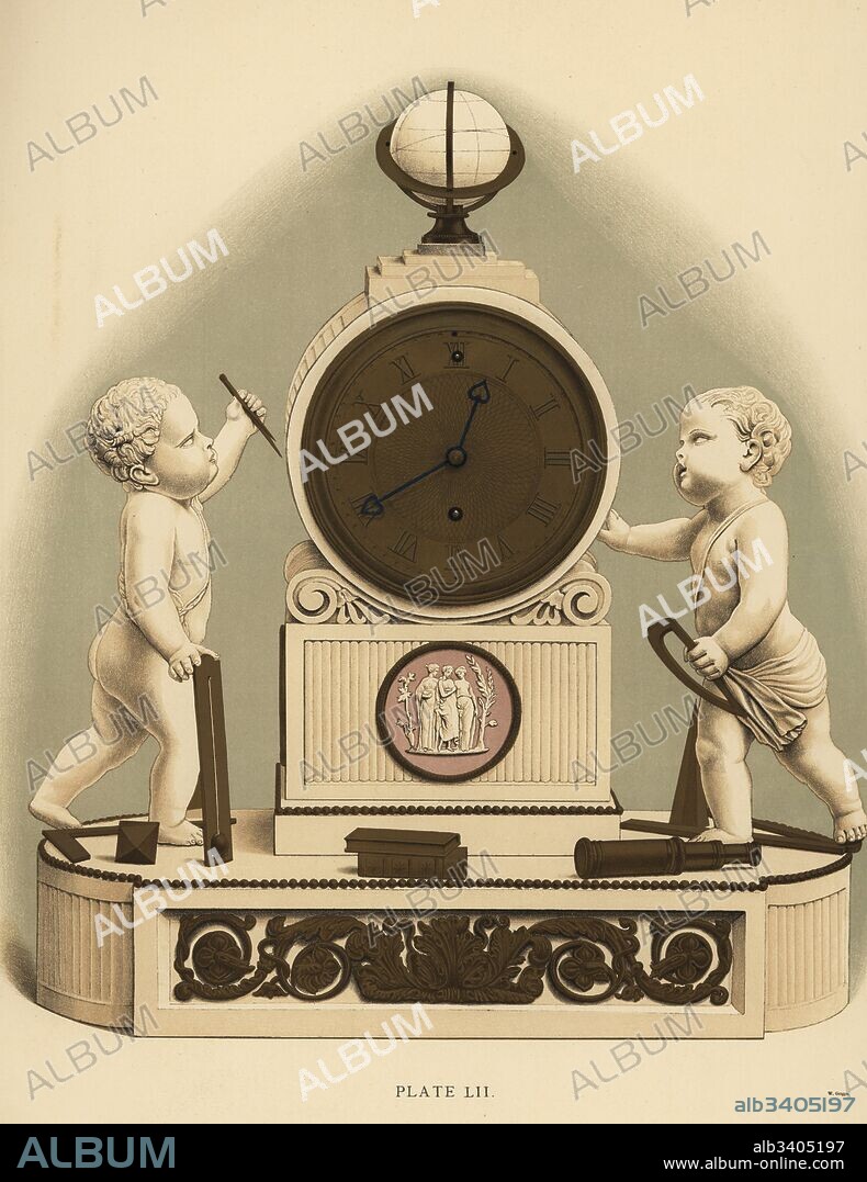Clock in marble and ormolu, made by Vulliamy, with the Young Geographers boys holding compass and sextant. Medallion of the Three Graces. Chromolithograph by W. Griggs from Frederick Rathbone's Old Wedgwood, the Decorative or Artistic Ceramic Work Produced by Josiah Wedgwood, Quaritch, London, 1898.