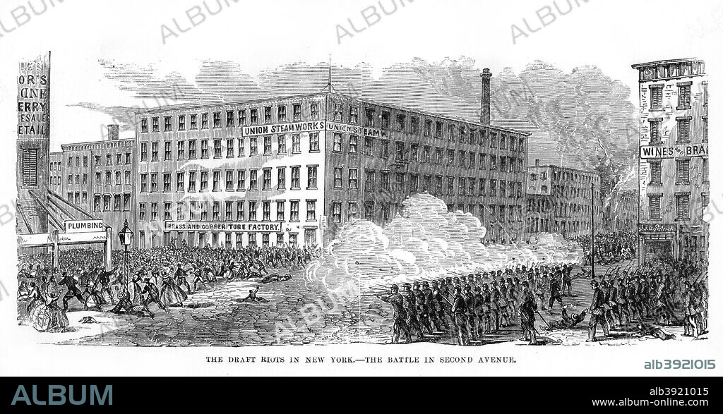 The New York Draft Riots, Second Avenue, New York City, 13-16 July 1863, (1872). The riots began as protests against President Abraham Lincoln's Enrollment Act of Conscription drafting men to fight in the ongoing American Civil War. Engraving from A Child's History of the United States by John Gilmary Shea, published by Hess and McDavitt, (New York, 1872).