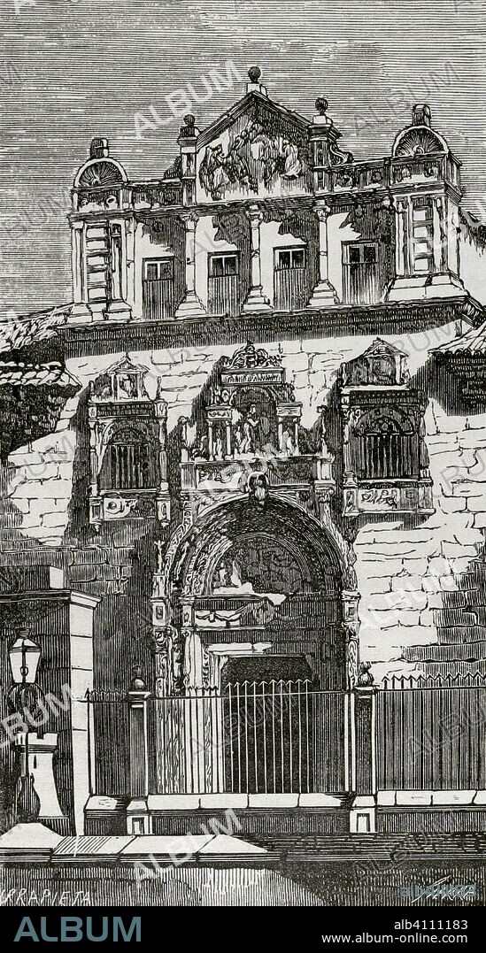 España. Toledo. Antiguo Hospital de Santa Cruz (siglo XVI). En 1846 fue sede del Colegio General Militar o Colegio Militar de Infantería. Dibujo por Urrabieta. Grabado por Sierra. Crónica General de España, Historia Ilustrada y Descriptiva de sus Provincias. Castilla-La Nueva, 1869. Biblioteca Histórico Militar de Barcelona, Cataluña, España.