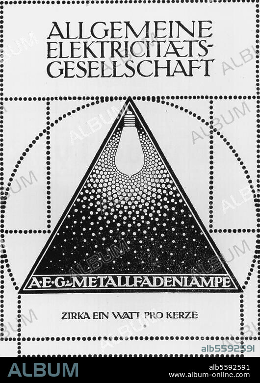 ANONYM. Licht und Beleuchtung / Glühbirne. "A.E.G.-Metallfadenlampe / Zirka ein Watt pro Kerze". Zeitschriftenwerbung der AEG (Allgemeine Elektrizitätsgesellschaft) Berlin. Aus: Deutscher Buch- und Steindrucker, Buchgewerbliche Monatsschrift, 14. Jg., Berlin, 1907/08.