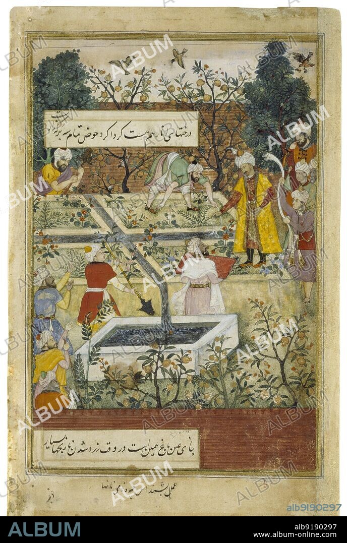 Babur superintending in the Garden of Fidelity, 1508 (1956). Artist: Unknown.
Babur, Sahir ed-din Mohammed Indian Great Mogul, 1483-1530. Babur plans with his architects the Bagh-i-Wafa ne. Jalalabad. Illustration to Bishndas, Portraits of Nanha. From: Babur-Nama manuscript, 1589. London, Victoria and Albert Museum.
