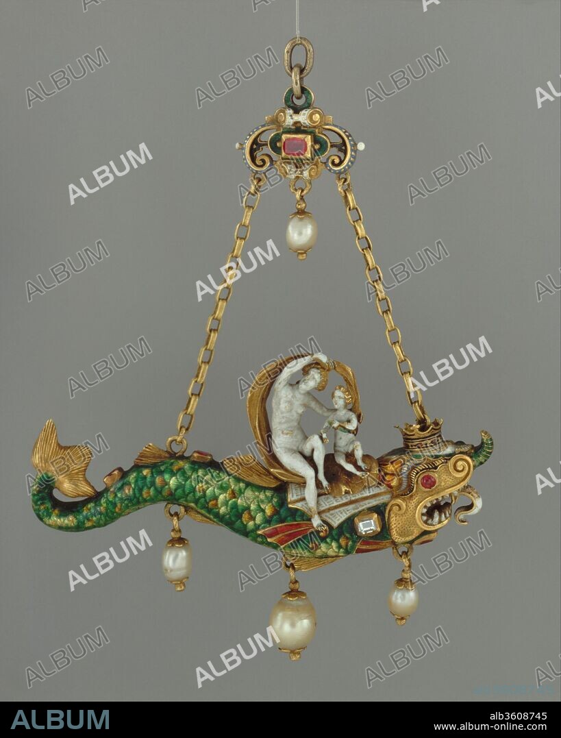 Pendant with Venus and Cupid on a Dolphin. Artist: partly designed and perhaps made by Reinhold Vasters (German, Erkelenz 1827-1909 Aachen) or; Alfred André (French, 1839-1919). Dimensions: H. 11 cm, w. 8.5 cm.. Date: ca. 1865-90.
The white enameled figures of Venus and Cupid are seated upon a fantastic sea creature. The mythological subject of Venus, goddess of love, accompanied by her son Cupid and a sea creature (signifying her birth from the sea and erotic love), dates back to antiquity and was a popular theme during the Renaissance and later periods. A pendant with such amorous connotations could have served as a nuptial gift. A series of sixteenth-century engravings by Adriaen Collaert depicting designs for pendants in the form of sea monsters attests to the popularity of this motif in Renaissance jewelry. Such engravings likely provided models for the highly skilled European goldsmiths of the nineteenth century, such as Reinhold Vasters and Alfred André, who produced Renaissance-revival jewelry, of which the present pendant is a striking example.