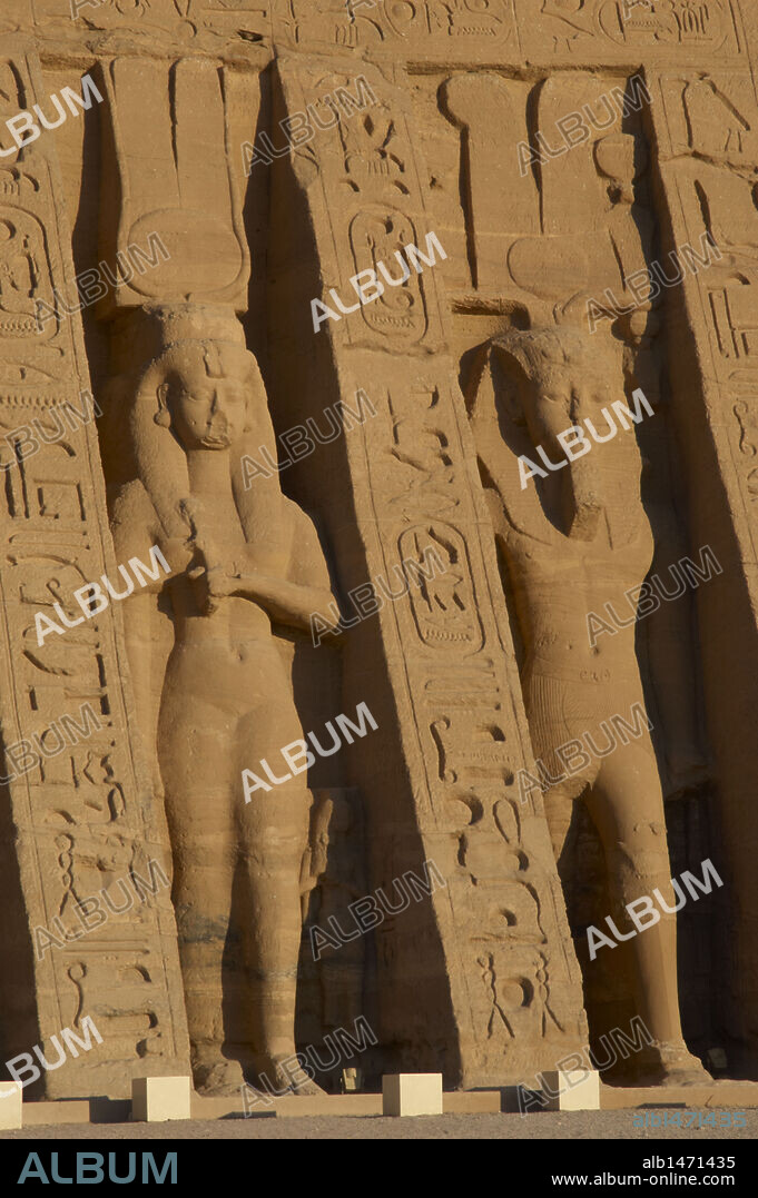 Egyptian art. Temple of Hathor or Small Temple dedicated to Nefertari. Facade depicting the pharaoh Ramses II (1290-1224 BC) and his wife Queen Nefertari dressed as Hathor. 19th dynasty. New Kingdom. Abu Simbel. Egypt.