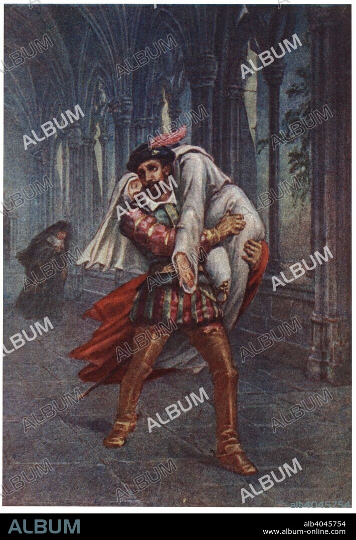 España. Escena de la pieza teatral Don Juan Tenorio, de José Zorrilla. Rapto de doña Inés. Grabado de 1920.