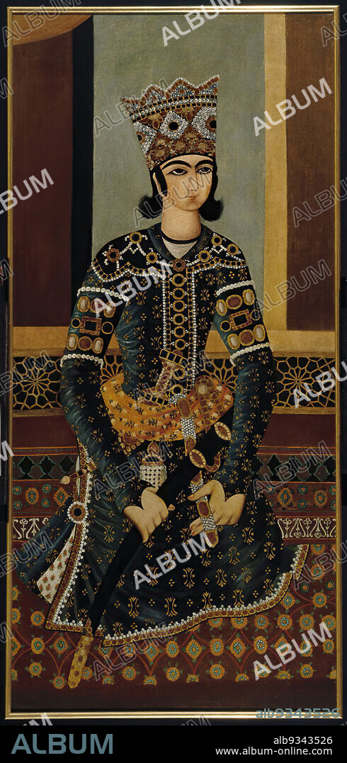 Seated Prince, Oil on cotton, framed, conserved, ca. 1825, Qajar, Qajar Period, 62 x 29 in., 157.5 x 73.7 cm, 19th Century, crown, elite, human figure, Iran, jewels, man, Middle Eastern, painting, persian, person, portrait, power, prince, Qajar, royal, royalty, seated, seated figure, status, sword, textile, wealth.