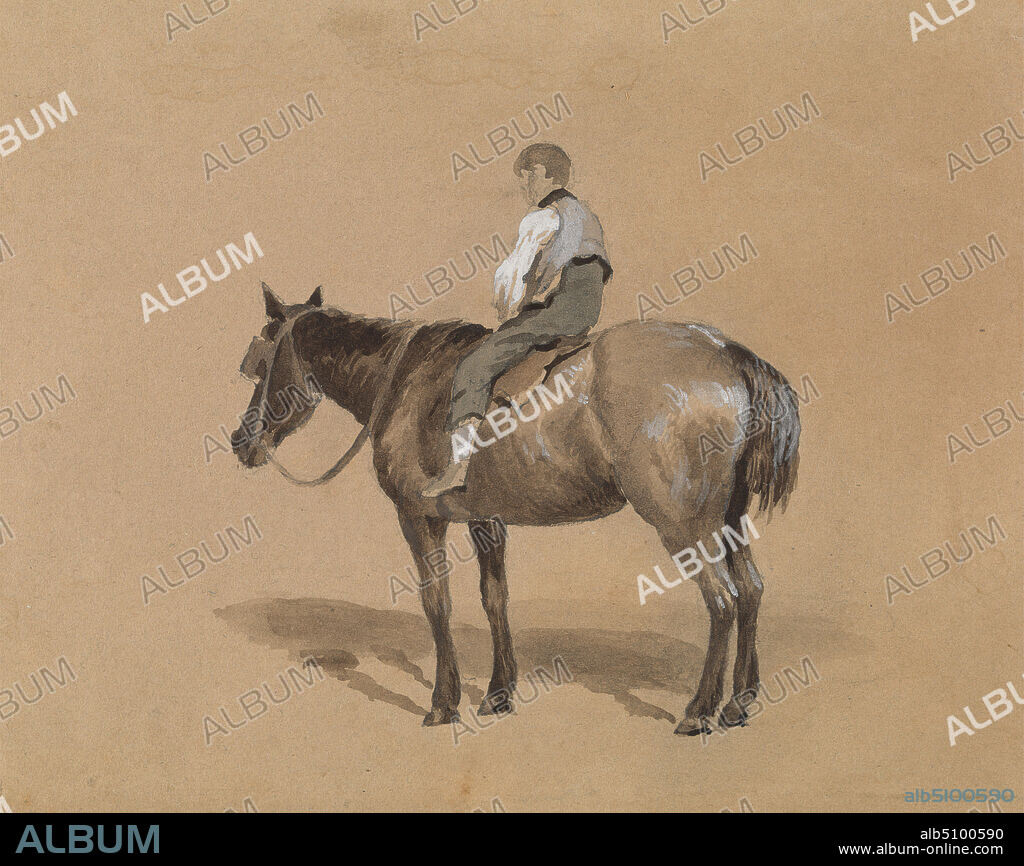 Stable Boy on a Pony, Arthur James Stark, 18311902, British, undated, Watercolor, gouache, and graphite on medium, smooth, beige wove paper, Sheet: 5 1/2 × 6 7/8 inches (14 × 17.5 cm), animal art, boy, bridle, horse (animal), pony (animal), reins, saddle, sporting art, vest.