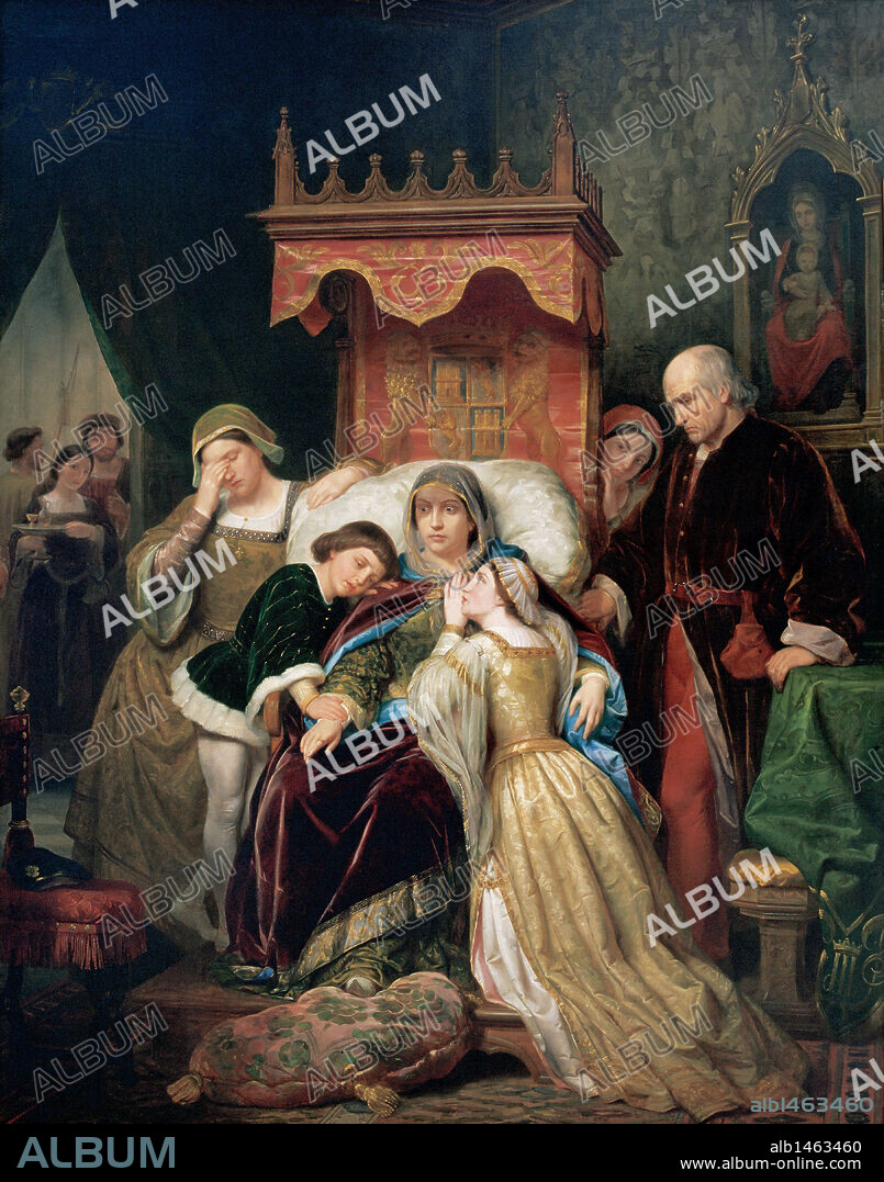 ISABEL DE AVIS Y BRAZANGA (1428-1496). Infanta de Portugal reina consorte de Castilla por su matrimonio con el rey Juan II de Castilla. Fué la madre de Isabel I la Católica. "LA DEMENCIA DE ISABEL DE PORTUGAL" O "PRIMERA JUVENTUD DE ISABEL LA CATOLICA AL LADO DE SU ENFERMA MADRE". Pintura realizada h. 1855 por Pelegrí Clavé i Roqué (1811-1880). S. XIX. Romanticismo español. Museo Nacional de San Carlos. México DF. México.