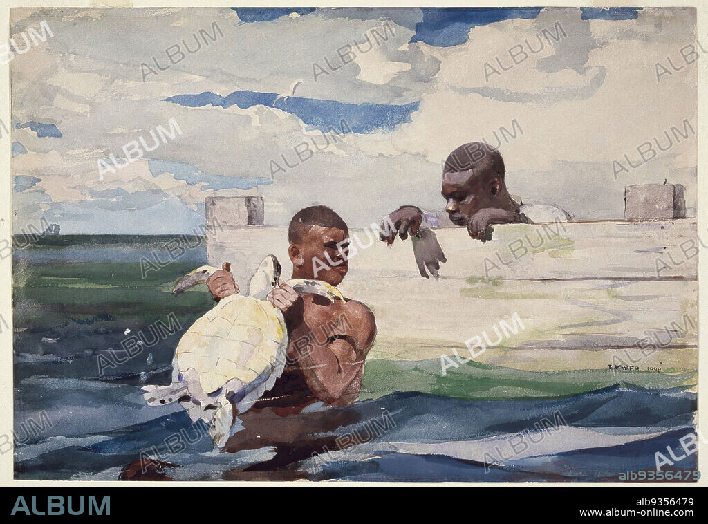 The Turtle Pound, Winslow Homer, American, 1836-1910, Watercolor over pencil, 1898, 14 15/16 x 21 3/8 in., 38.0 x 54.2 cm, African Americans, African-American, animals, Black men, catch, catching, clouds, fishing, food, grabbing, homer, hunt, hunting, lifestyle, male figures, ocean, sea turtle, seascape, sky, tough, turtle, turtles, water, watercolor.