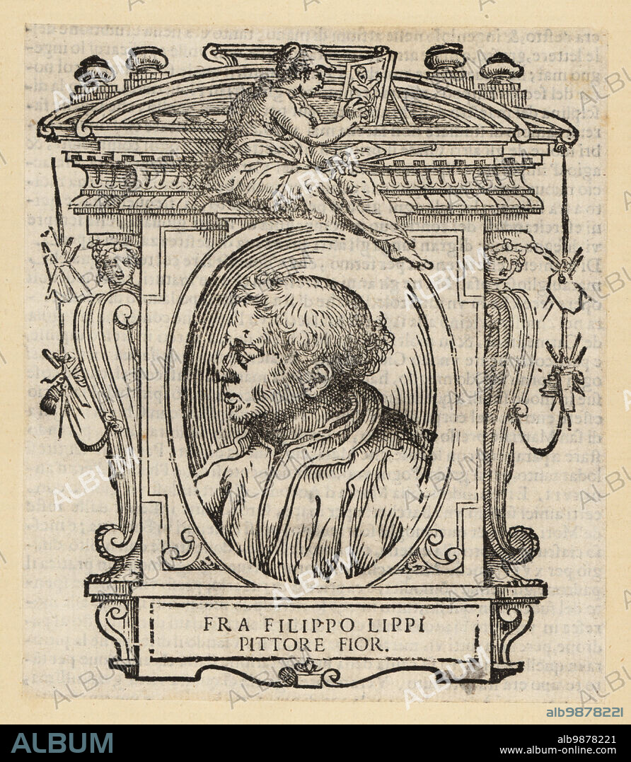 Portrait of Filippo Lippi, Italian painter from Florence of the Quattrocento (15th century), c.1406-1469. Fra Filippo Lippi Pittore Fiorentino. Woodcut from Giorgio Vasaris Le vite de piu eccellenti pittori, scultori, et architettori, The Lives of the Most Excellent Painters, Sculptors and Architects, Florence, 1678.