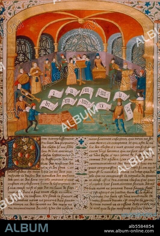 Miniature française, 14ème siècle. - Chanteurs et musiciens (de g. à d.: flûte droite, tambour, saqueboute, luth, harpe, orgue portatif, chalemie, 5 chanteurs, viole de Bras, cymbales, cornet, gigue). Illustration du livre de Barthélemy de Glanvil (Bartholomaeus Anglicus), Livre des propriétés des choses". Ms français 22632, fol. 336. Paris, Bibliothèque Nationale.