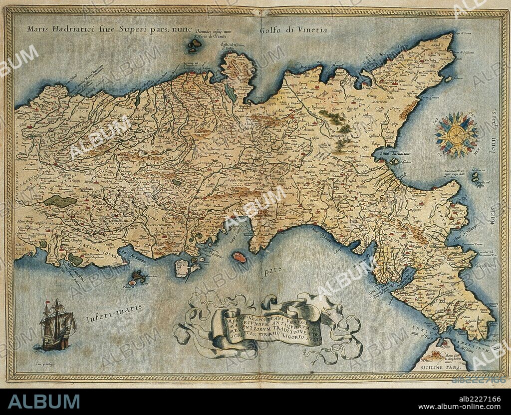 "MAPA DEL REINO DE NAPOLES". Obra de Abraham ORTELIUS, editor del atlas "Teatrum Orbis Terrarum". Primera edición de Amberes del año 1574. Biblioteca de Cataluña. Barcelona.