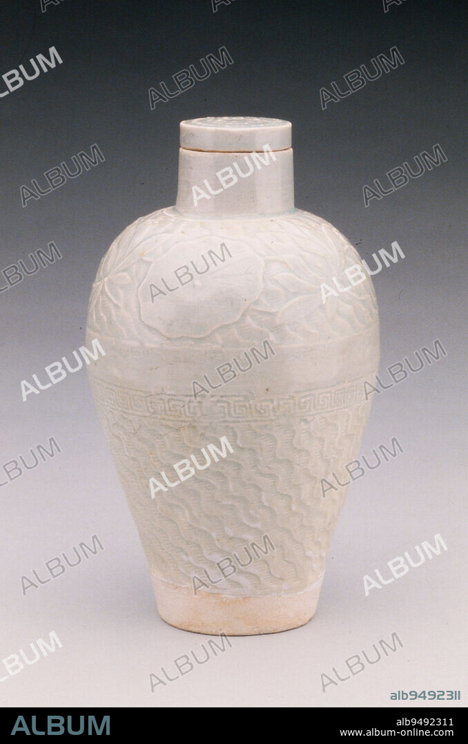 Mei Ping Vase with Cover, 960-1280, 8 x 4 3/4 x 4 3/4 in. (20.32 x 12.07 x 12.07 cm), Qingbai ware Porcelain with molded décor under a pale blue glaze, China, 10th-13th century, The varied and inventive methods of decoration found in qing bai wares of Song and Yuan (11th-14th century) testify to the ingenuity of the potters. This lidded mei ping vase is entirely decorated with molded décor. The shoulder register is comprised of a continuous lotus blossom and leaf motif in low relief set against a wave pattern. The lower register displays only the stylized wave pattern. A horizontal meander band around the middle of the vessel separates the two registers. It is here where the top and bottom sections, which were separately made, are luted together. The lid is molded with a simple chrysanthemum blossom motif. Mold decoration was more quickly executed than hand carved décor and it greatly facilitated the mass manufacture of qing bai ware.