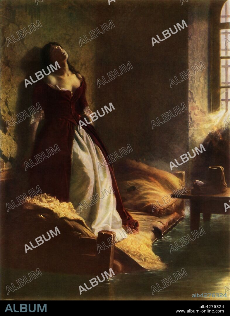 KONSTANTIN FLAVITSKY. 'Princess Tarakanova in the Petropavlovsk Fortress at the Time of the Flood', 1863, (1965). Elizabeth Tarakanova (c1745-1775) was a pretender to the Russian throne, having claimed to be a daughter of the Empress Elizabeth Petrovna. She was kidnapped by Count Orlov on the orders of Catherine the Great, and died of tuberculosis in the Peter and Paul Fortress in Saint Petersburg. Another version of the story claims that Tarakanova died in her cell during the great flood of 1777. Painting in the State Tretyakov Gallery, Moscow. From "Russian Painting of the 18th and 19th Centuries" by Vladimir Fiala. [Artia, Czechoslovakia, 1965].