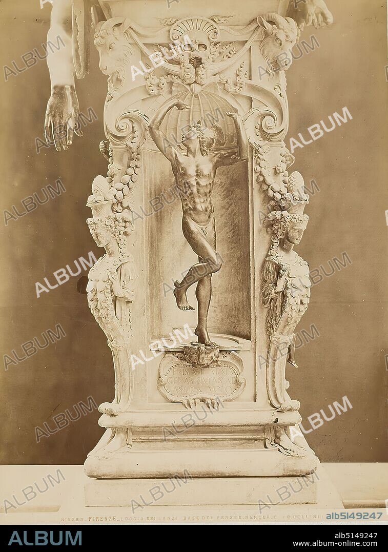 Mercury, detail from the base of the Perseus of Benvenuto Cellini, Loggia dei Lanzi, Florence, albumin paper, black and white positive process, image size: height: 25,50 cm; width: 19,00 cm, FIRENZE - LOGGIA DEI LANZI. BASE DEL PERSEO, MERCURIO. (B. CELLINI.), sculpture, sculpture, sculpture art, male nude, history of Mercury (Hermes).