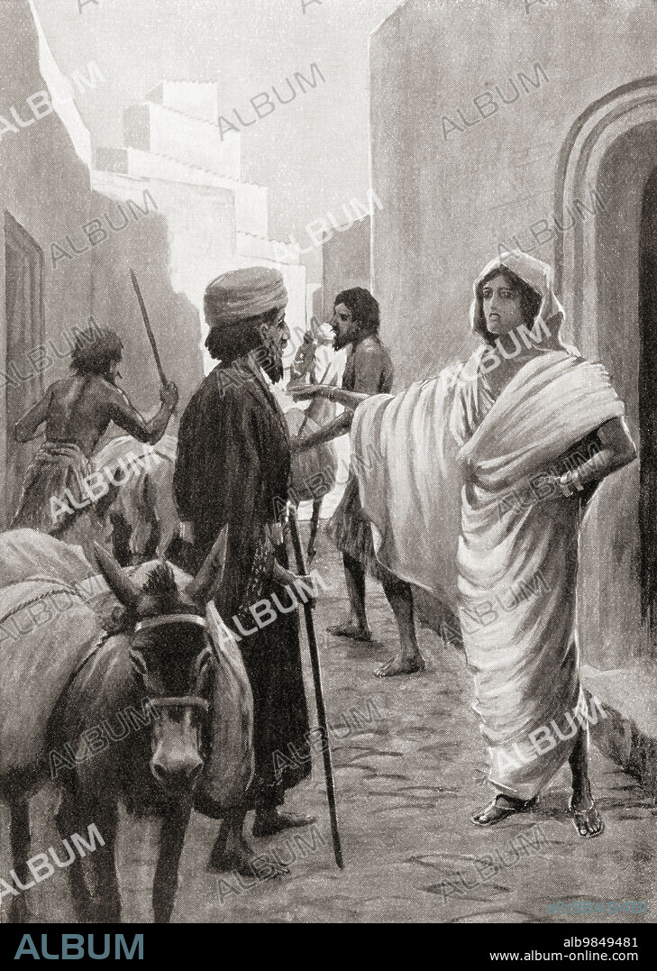 Babylonian votaress despatching a caravan for trade. Under the first dynasty of Babylon religious votaresses from the upper classes were allowed to engage in commerce on thir own account, but were forbidden to open or enter a beer shop, the penalty for misbehaviour was death. From Hutchinson's History of the Nations, published 1915.