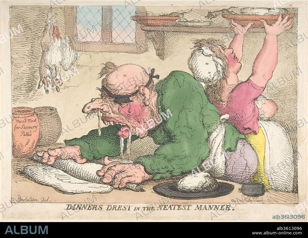 Dinners Drest in the Neatest Manner. Artist: Thomas Rowlandson (British, London 1757-1827 London). Dimensions: Sheet: 9 13/16 x 13 3/4 in. (25 x 35 cm). Publisher: Thomas Tegg (British, 1776-1846). Date: October 1811.
Rowlandson addresses the dilemma faced by all who dine out-the mystery of what takes place behind a closed kitchen door. The title restates the hollow promise made to patrons of an inn, whose kitchen we see in operation. Instead of clean food neatly prepared, a grotesque one-eyed cook rolls out a meat pie while bedewing the dish with rheum dripping from his nose and mouth, the stream stimulated by snuff held in a small round box. The slovenly standards of the kitchen extend to a maid with an exposed breast who reaches for a dish and fails to notice rats escaping from it. While Rowlandson trained at the Royal Academy and could produce sophisticated Rococo compositions, he was also a master of ribaldry. Most of his prints in this vein were issued by Thomas Tegg, a London print publisher, who sold the present example for a shilling.