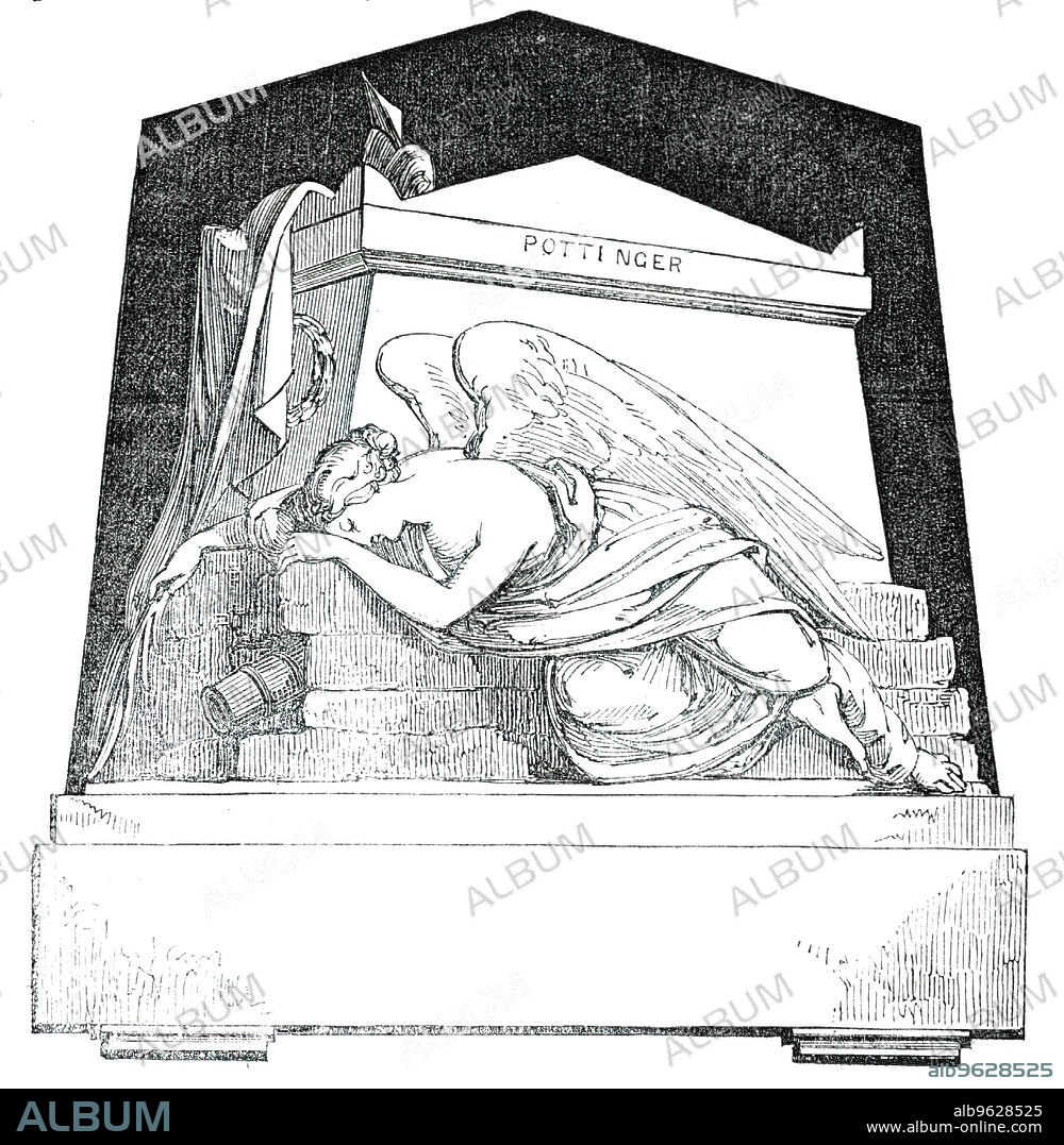 Monument to the late Major Eldred Pottinger, C.B., by Baily, 1850. Memorial '...from the chisel of Mr. Baily' in Bombay Cathedral: This Monument...to the Memory of Major Eldred Pottinger of the Bombay Regiment of Artillery, In token of the admiration and respect in which his character as a soldier, and conduct as a man, are held by his friends in the Presidency. Major Pottinger's successful defence of Herat, his gallant bearing and judicious counsel, throughout the eventful period of the British reverses in Affghanistan, are recorded in the annals of his country...Compelled by long exertion, anxiety, and fatigue in the discharge of his public duties, to seek a change of climate for the recovery of his health, Major Pottinger was returning to England, via China, when he was attacked by a malignant fever at Hong-Kong, where he died on the 13th of November, 1843, aged 32 years'. From "Illustrated London News", 1850.