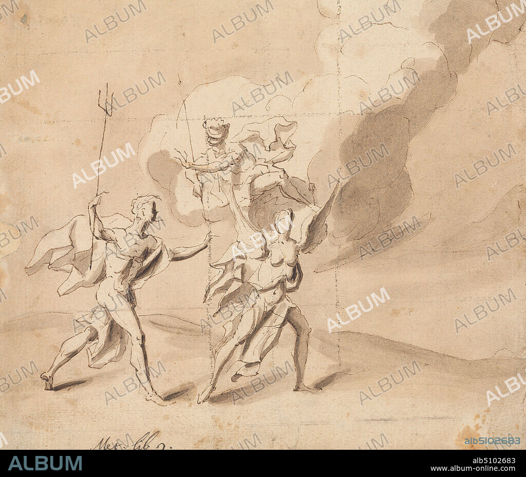 Neptune and Coronis: Ovid, Metamorphoses, Book 2, Thomas Carwitham, active 1723, British, 1723, Pen, ink and brown wash on medium, slightly textured, beige laid paper, mounted to medium, slightly textured white wove paper, Sheet: 6 7/16 x 7 1/2in. (16.4 x 19.1cm), Coronis changed into a crow: to escape the love of Neptune, Coronis, daughter of Coroneus, is changed into a crow by Minerva (Ovid, Metamorphoses II 569), crow (animal), gods, metamorphosis (biological event), Ovid's Metamorphoses, pitchfork, religious and mythological subject.