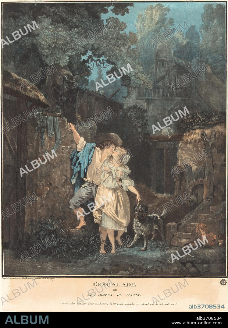 PHILIBERT-LOUIS DEBUCOURT. L'Escalade, ou les Adieux du Matin. Dated: 1787. Dimensions: image: 30.4 x 24.8 cm (11 15/16 x 9 3/4 in.)  sheet: 34.6 x 25.3 cm (13 5/8 x 9 15/16 in.). Medium: color aquatint.