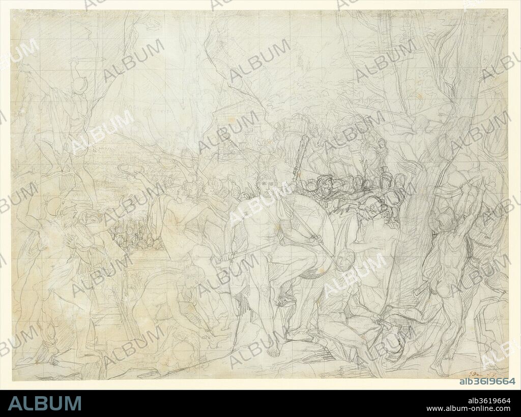 Leonidas at Thermopylae. Artist: Jacques Louis David (French, Paris 1748-1825 Brussels). Dimensions: 16 x 21 5/8 in. (40.6 x 54.9 cm). Date: ca. 1814.
This is a compositional study for David's large canvas of the same subject, signed and dated 1814 and today in the Musée du Louvre, Paris.  The drawing was executed in two distinct stages, offering a view into the artist's creative process.  Over a detailed, lightly sketched composition David reworked the sheet in a darker, more emphatic black chalk, refining and simplifying the landscape and figures, especially on the right side.  Leonidas, leader of the Spartan troops, is shown calm and unwavering as his men prepare to battle the Persians at the pass of Thermopylae.  Many of the poses and figural types used by David refer to classical prototypes, as does the practice--debated during David's time--of depicting classical warriors nude.