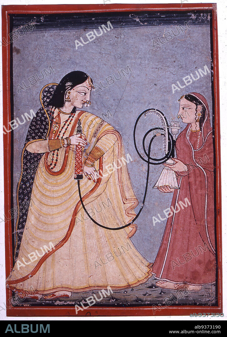 Queen Vantu with a Hookah Attended by a Maid, Indian, Opaque watercolor on paper, Mandi, Punjab Hills, India, ca. 1750-1780, sheet: 10 5/16 x 7 1/4 in., 26.2 x 18.4 cm, drug, elite, intoxicant, royal, ruler, smoking, visual appeal.