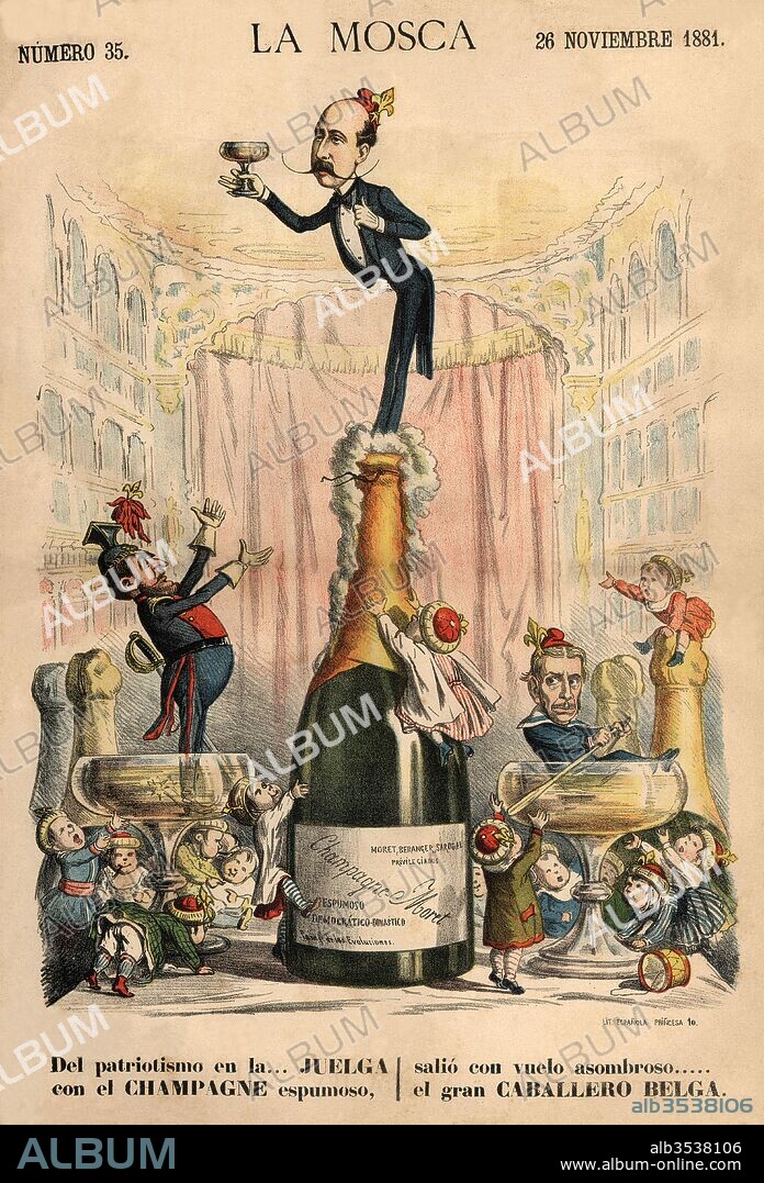 Ilustración satírico política publicada en La Mosca, noviembre de 1881. Ángel Carvajal Fernández de Córdoba (1841-1898), marqués de Sardoal, Segismundo Moret Prendergast (1833-1913), y José María Beránger Ruiz de Apodaca (1824-1907), políticos españoles durante el período de la restauración borbónica.