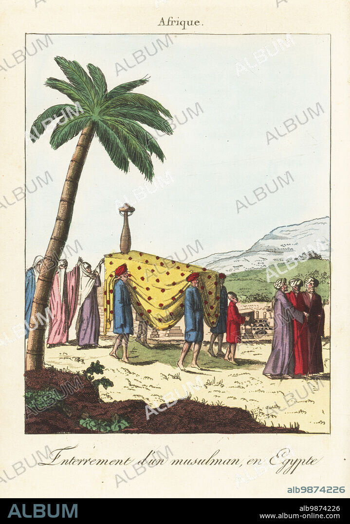 Muslim burial in Egypt, 18th century. A draped coffin with a turban on top is taken to the cemetery. Male family walk quietly in front, while women and professional mourners or moirologists weep and wail behind. Enterrement d'un musulman en Egypte. Handcoloured copperplate engraving from A. Antoine de Saint-Gervaiss Album des Peuples, ou Collection de Tableaux, Album of Peoples, or Collection of Paintings, J. Langlume et Peltier, Paris, 1835. Reprinted from Moeurs et coutumes des Peuples, Hocquart, 1811.